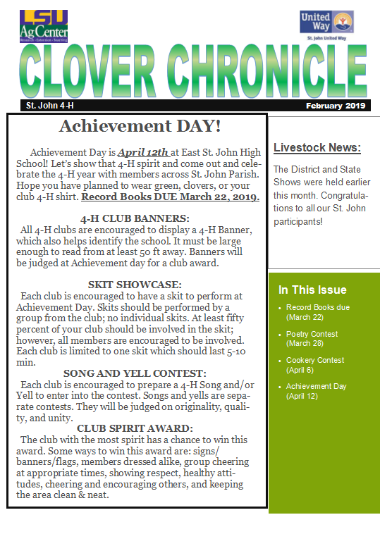 February 2019 St. John Parish 4-H Clover Chronicle